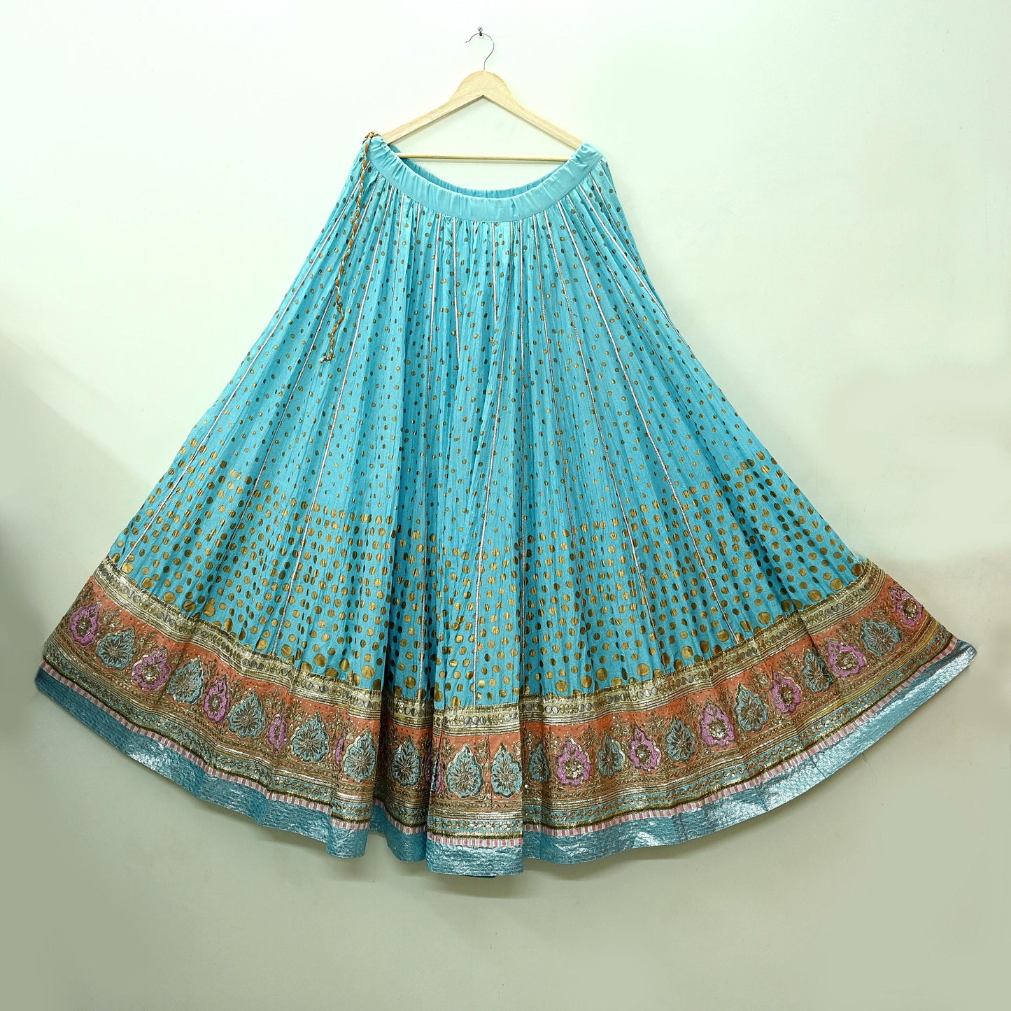 Indian Pre-owned Blue & Yellow Pure Silk Net/Mesh Hand Embroidered Lehenga 3pcs Set Bridal Party Wear With Blouse/Dupatta Bollywood Lehenga
