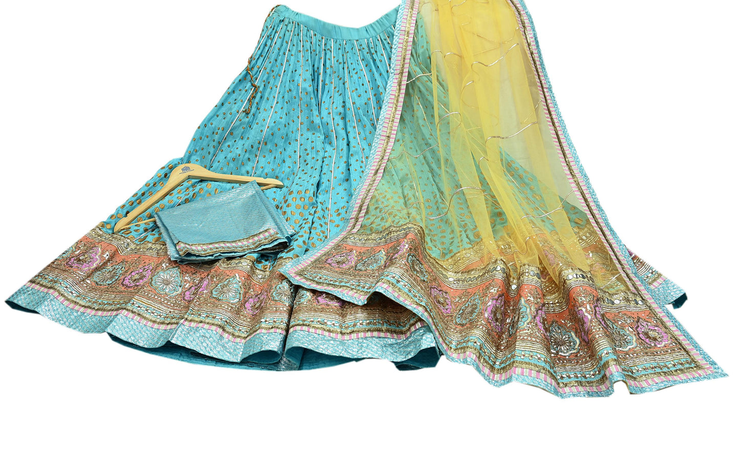 Indian Pre-owned Blue & Yellow Pure Silk Net/Mesh Hand Embroidered Lehenga 3pcs Set Bridal Party Wear With Blouse/Dupatta Bollywood Lehenga