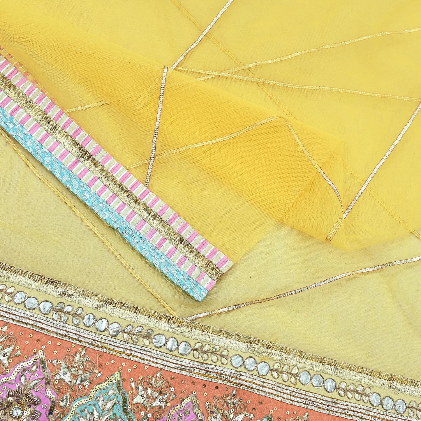 Indian Vintage Heavy Bridal Dupatta Yellow Net Mesh Long Stole Hand Embroidered Scarves Golden Gota Patti Wedding/Party Wear