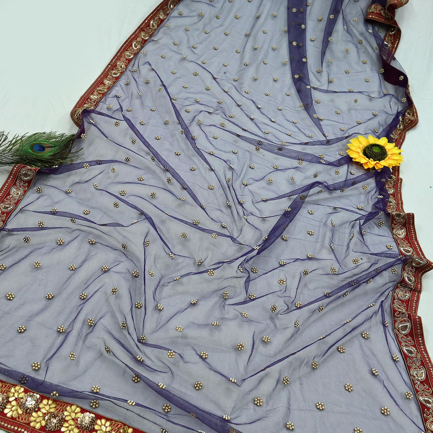 Indian Vintage Heavy Bridal Dupatta Purple Net Mesh Long Stole Hand Embroidered Scarves Golden Gota Patti Wedding/Party Wear
