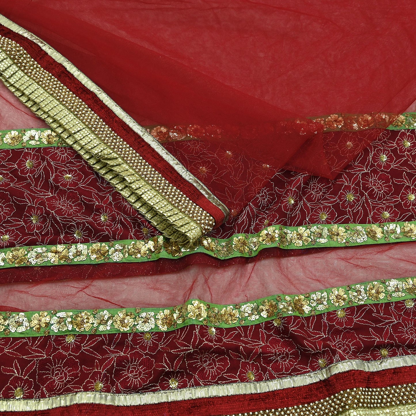 Indian Vintage Heavy Bridal Dupatta Maroon Net Mesh Long Stole Hand Embroidered Scarves Zardozi/ Dabka Wedding/Party Wear