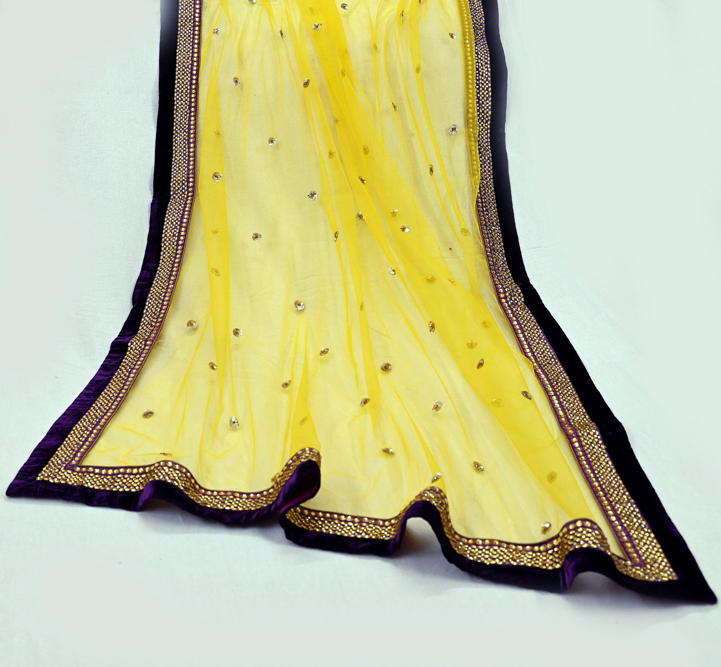 Indian Vintage Yellow Net/Mesh Hand Embroidered Lehenga/Dupatta 2pcs Set Bridal Party Wear Bollywood Lehenga Zardozi/ Dabka