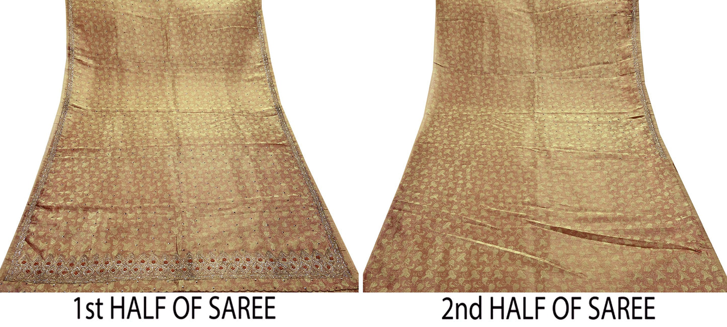 Indian Vintage Sari Golden Tissue Hand Embroidered Sarees Craft Fabric 7Yd Sewing Soft Ethnic Zardozi/Zari Dress making Crafting Upcycle