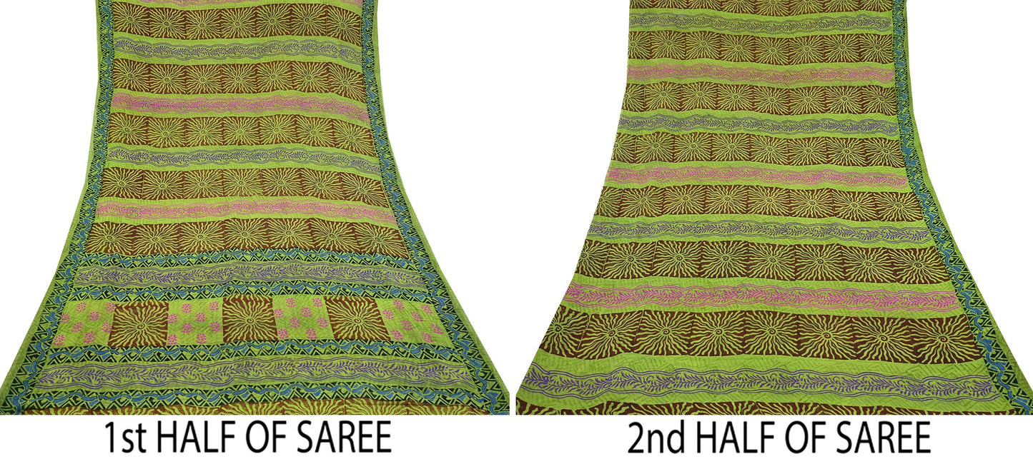 Indian Vintage Green Pure Georgette Silk Sari | 5 Yards Block Printed Floral Fabric | Sewing, Quilting, Dressmaking & Upcycle Crafts