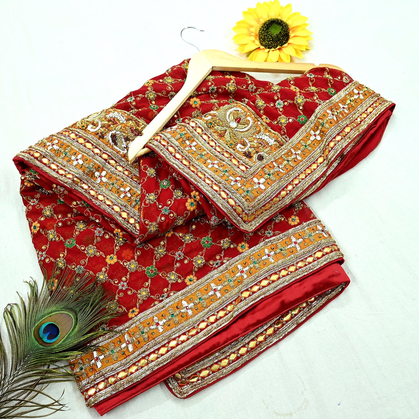 Indian Pre-owned Heavy Red Pure Georgette Silk Hand Embroidered Dupatta Designer By Manish Malhotra Bridal Wear Dabka Zardozi Veil Hijab