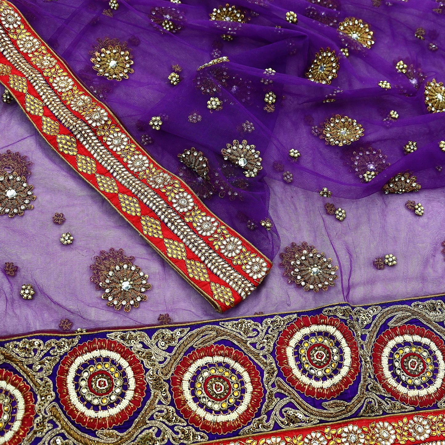 Indian Vintage Heavy Wedding Purple Net/Mesh/ Velvet Hand Embroidered Dupatta Designer By Anamika Khanna Bridal Wear Zardozi Dabka Hijab