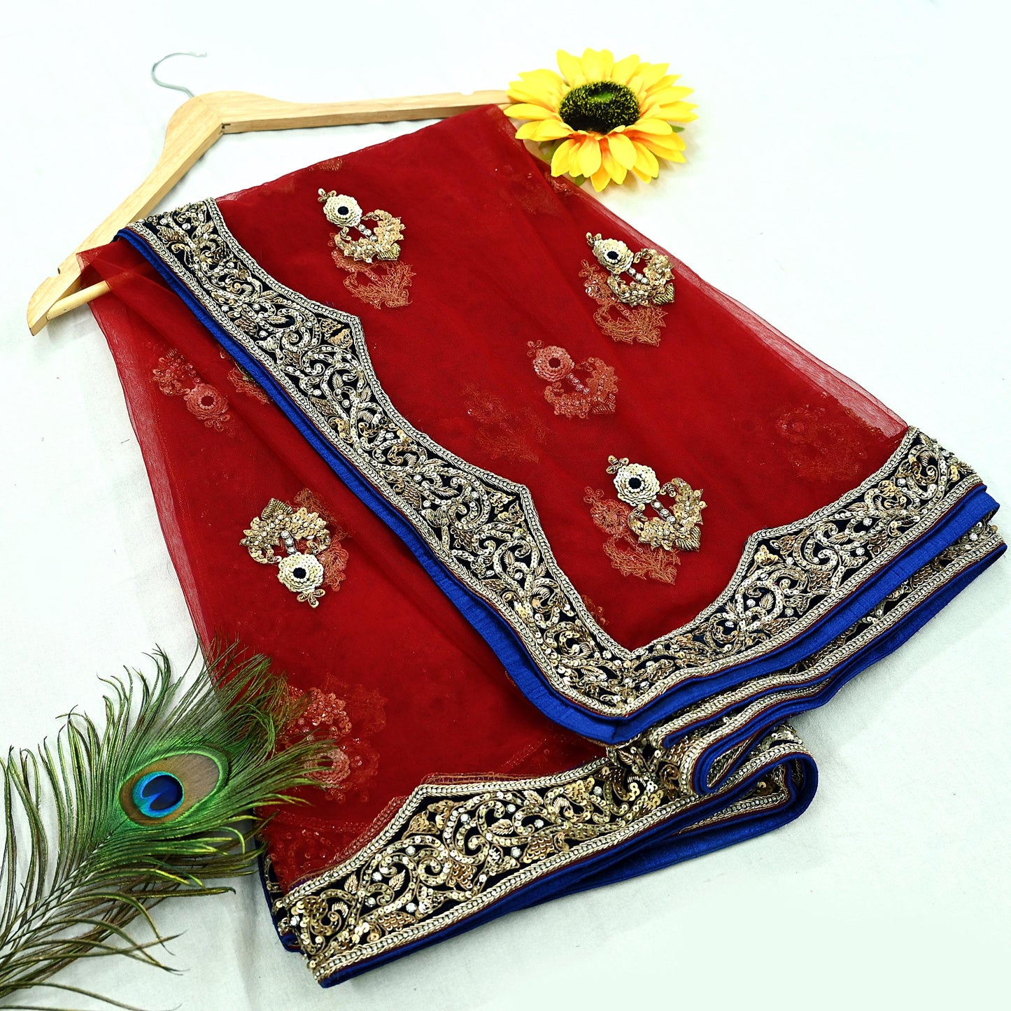 Indian Vintage Heavy Wedding Red Net/Mesh/ Velvet Hand Embroidered Dupatta Designer By Anamika Khanna Bridal Wear Dabka Zardozi Veil Hijab