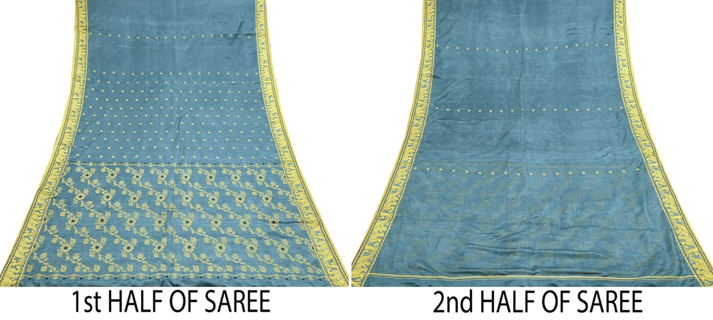 Indian Vintage Sari Gray Artificial Silk Hand Woven Sarees 5yd Ethnic Elephants Craft Fabric Sewing Wedding Sarees Dress making Crafting