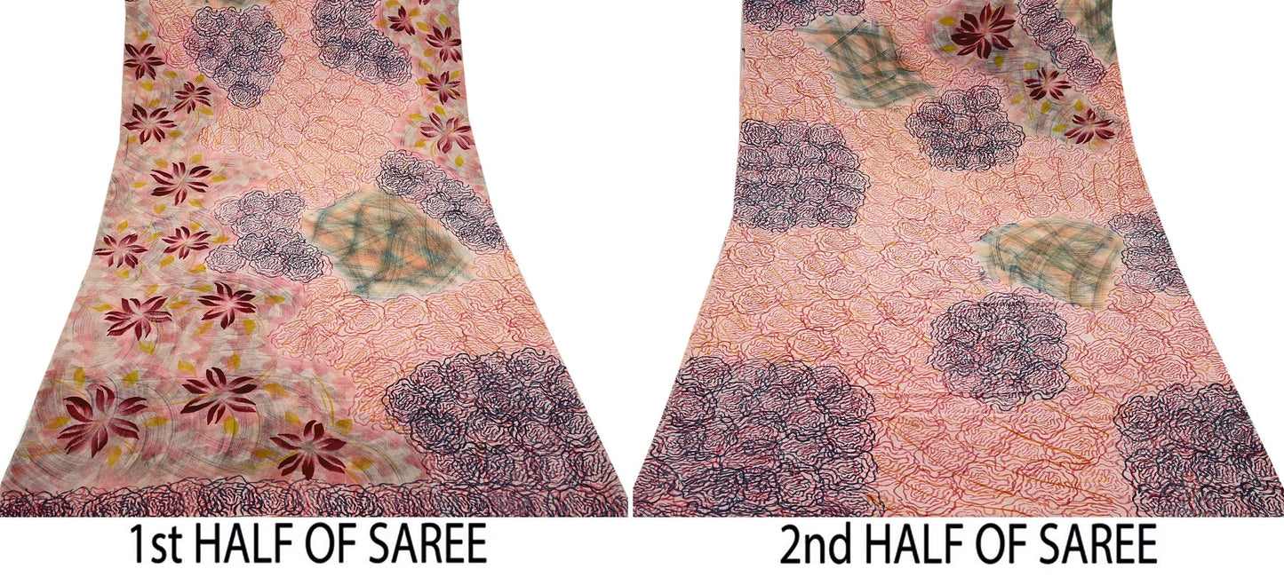 Indian Vintage Multi Pure Crepe Silk Saree | Floral Print | 5 Yards | Soft Sewing Fabric for Dressmaking, Quilting, Crafting & Upcycling