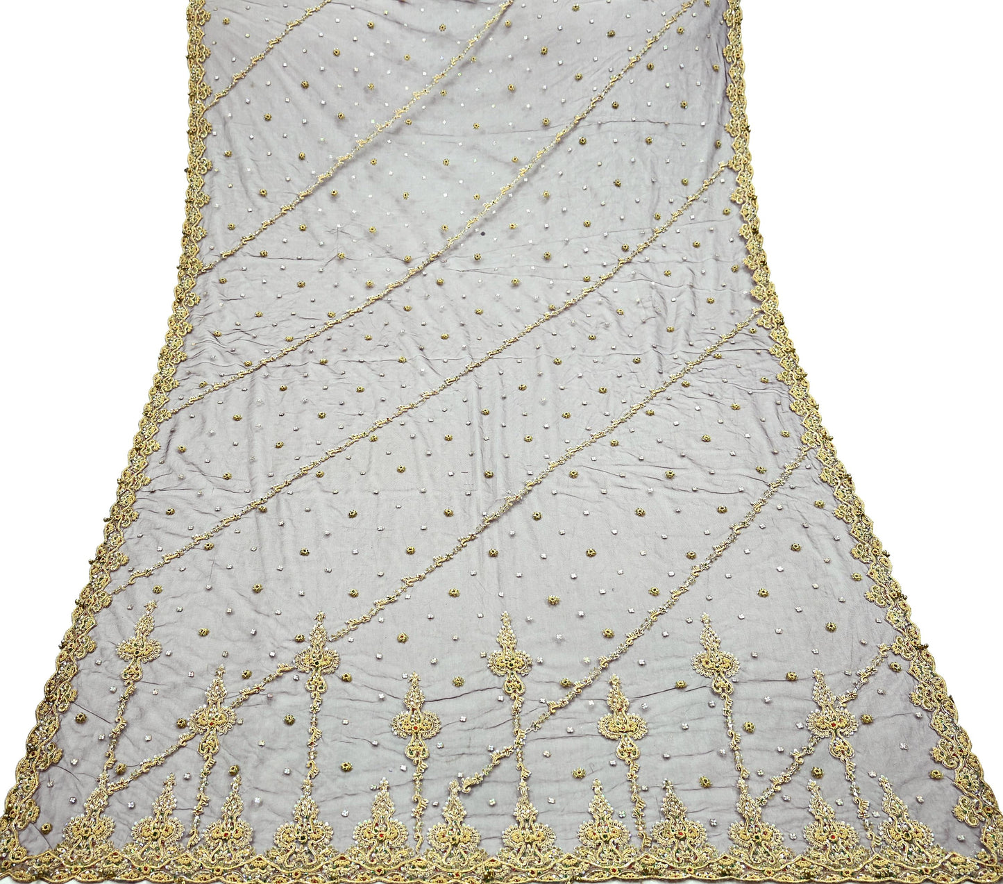 Indian Vintage Heavy Brown Dupatta Net Mesh Long Stole Hand Embroidered Scarf Zardozi Zari Sequins Stole Bridal Veil