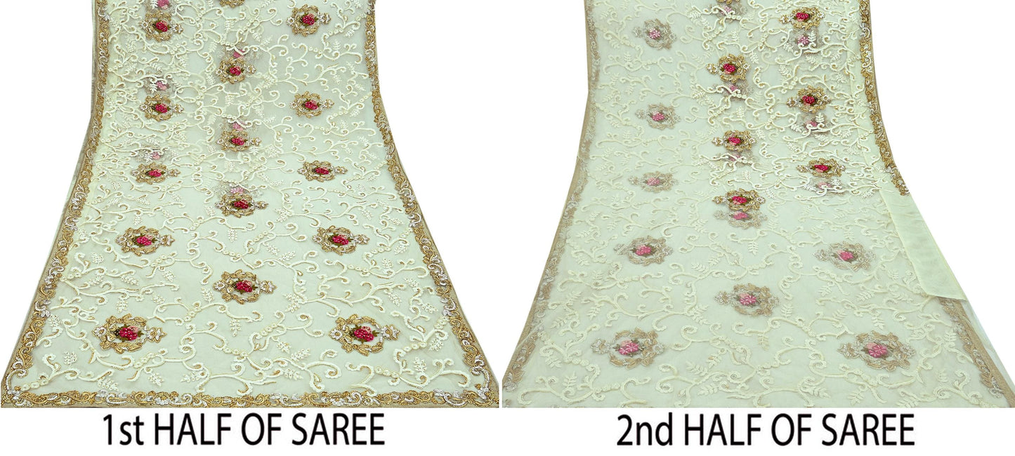 Indian Vintage Heavy Sari White Net/Mesh Embroidered Sarees Fabric 6Yd Sewing Soft Floral Craft Fabric Dress making Crafting Bollywood sari