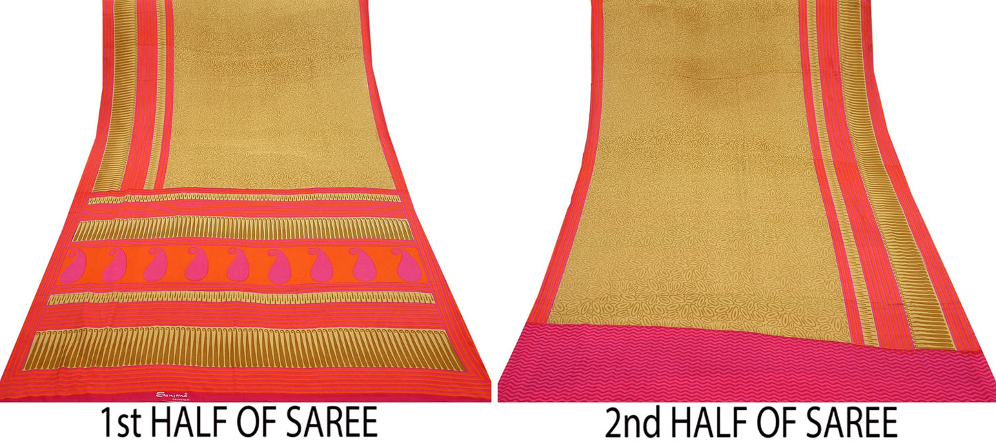 Indian Vintage Moss Crepe Saree | Printed Floral Sari Fabric | 6 Yards | Soft Craft Fabric for Sewing, Dressmaking, Quilting,Upcycling