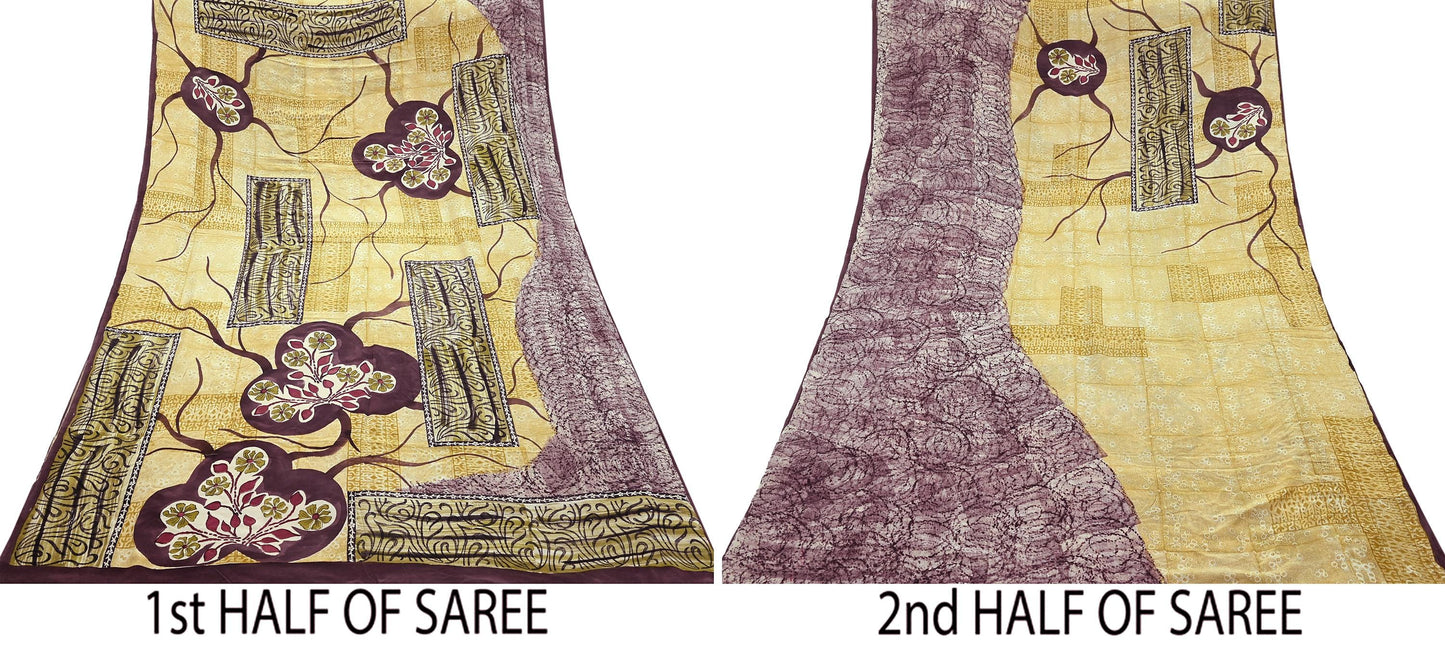 Indian Vintage Pure Crepe Silk Saree | Abstract Print | 6 Yards | Soft Sewing Fabric for Dressmaking, Quilting, Crafting & Upcycling