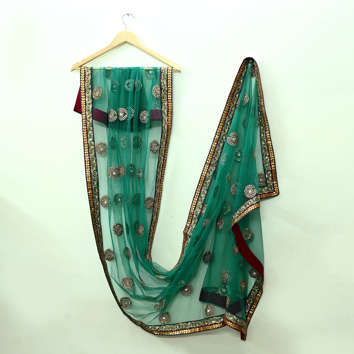 Indian Vintage Heavy Wedding Green Net/Mesh Hand Embroidered Dupatta Designer By Anamika Khanna Bridal Wear Zardozi Veil Hijab