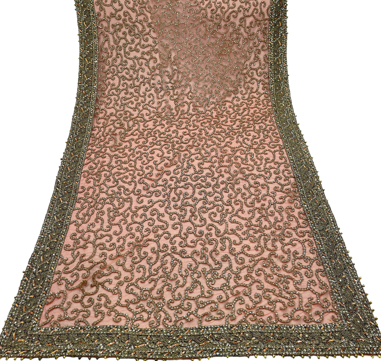 Indian Vintage Heavy Orange Dupatta | Hand Embroidered Net & Tissue Mesh | Zardozi, Dabka, Zari, Sequins, Kundan Work | Bridal Stole