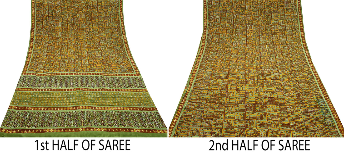 Indian Vintage Sari Green & Saffron Pure Crepe Silk Printed Sarees 5yd Sewing Floral Soft Craft Fabric Wrap Dress Making Crafting Quilting