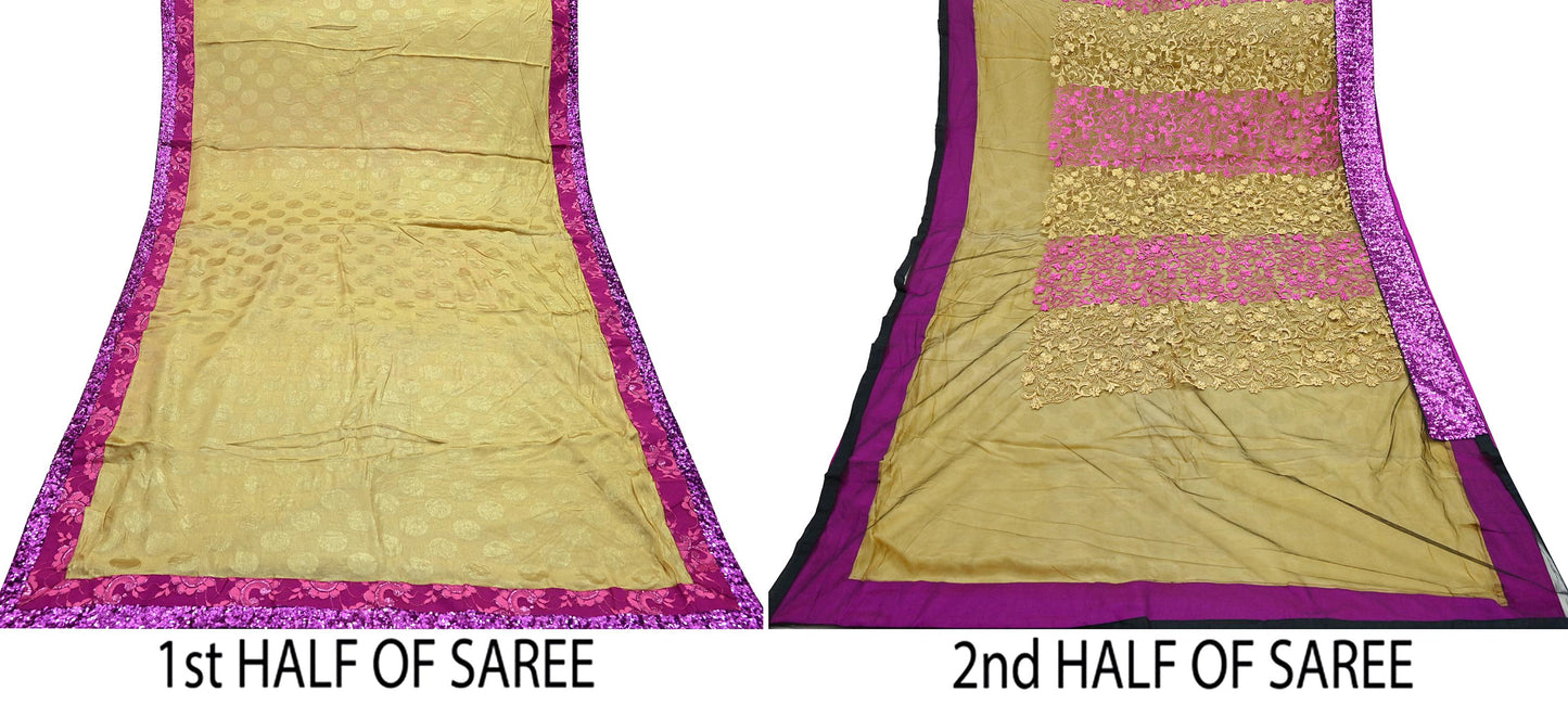 Indian Vintage Sari Black & Beige Pure Silk Net Hand Beaded Sarees Fabric 6Yd Sewing Ethnic Dress making Quilting Bollywood