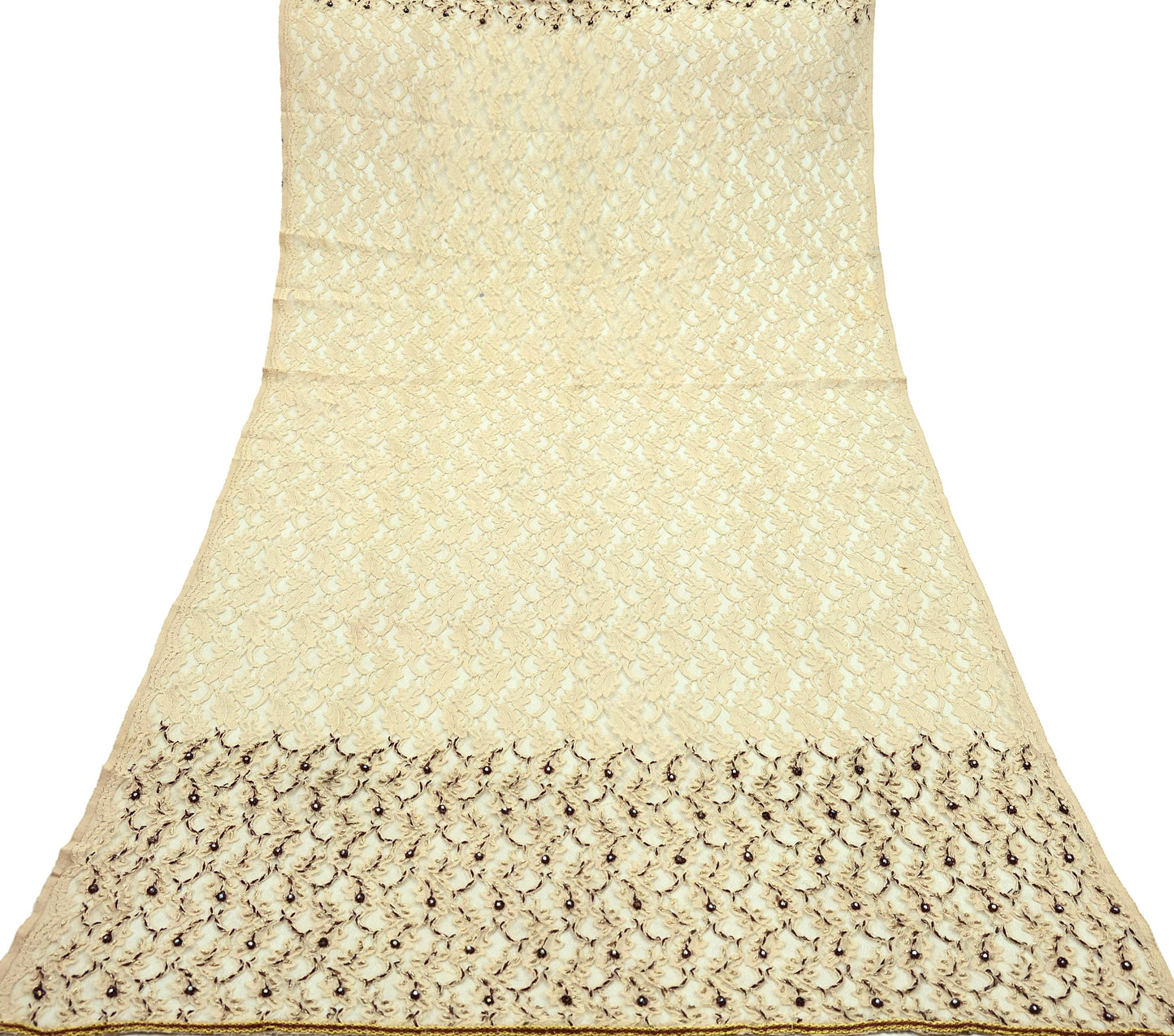 Indian Vintage Heavy Dupatta Beige Net Mesh Long Stole Hand Embroidered Scarves Zardozi/Dabka Zari Sequins Wedding Hijab Veil