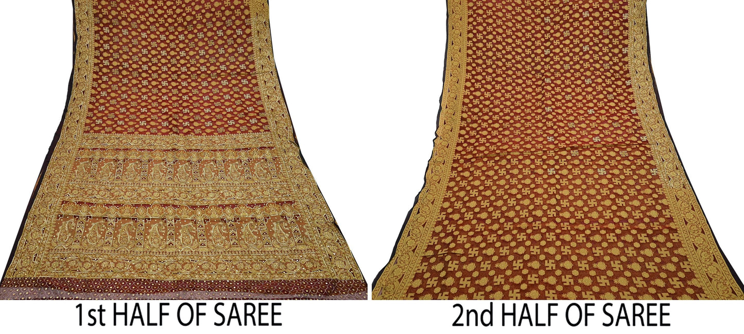 Indian Vintage Sari Maroon Hand Embroidered Saree Pure Organza Silk Craft Fabric 5Yd Ethnic Dress Making Crafting Quilting