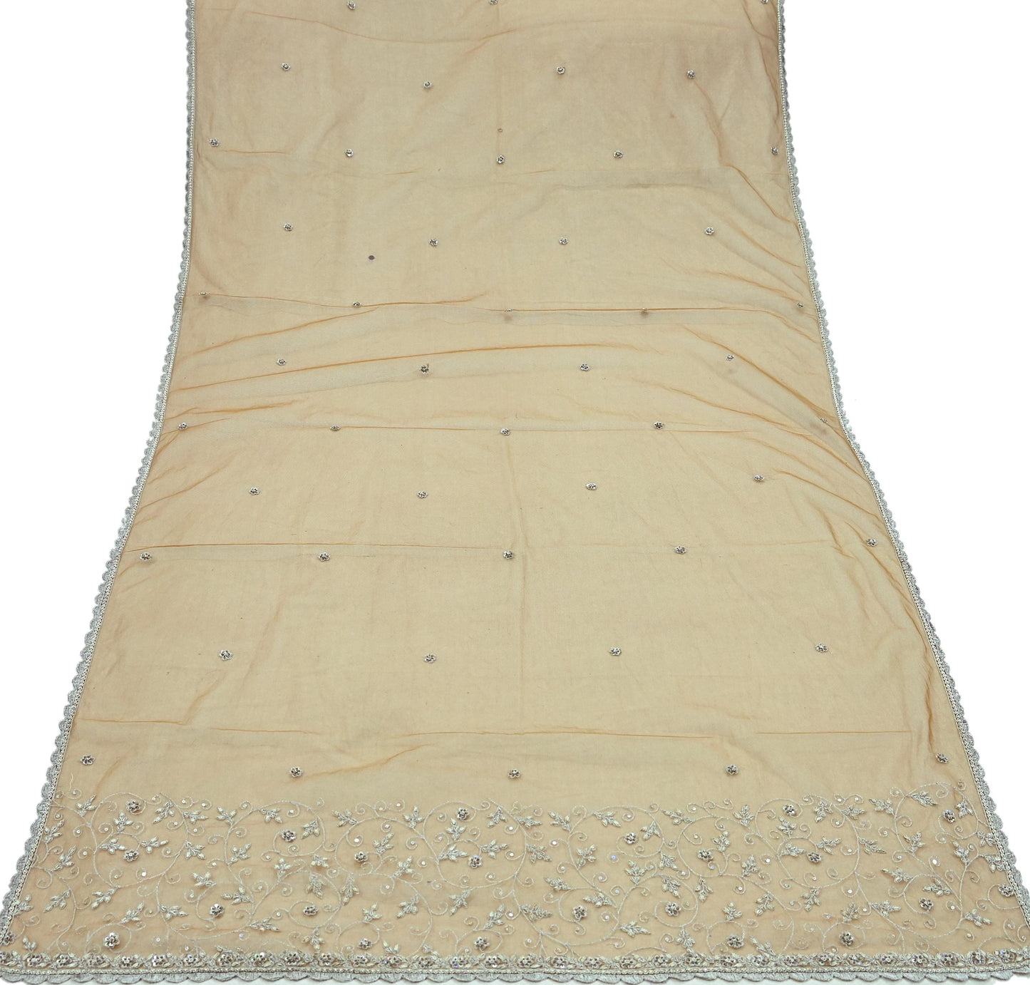 Indian Vintage Beige Dupatta Net Mesh Long Stole Hand Embroidered Scarves Golden Zardozi Zari Sequins Hijab Veil wrap Boho