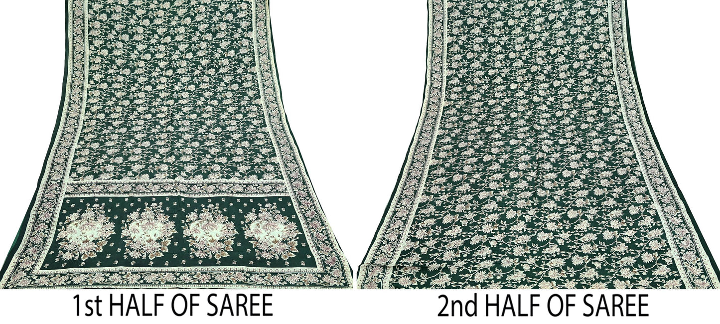Indian Vintage Ivory & Green Saree Pure Silk Printed Sari 6yd Sewing Craft Fabric Dress Making Soft Crafting Quilting Quilting Upcycle