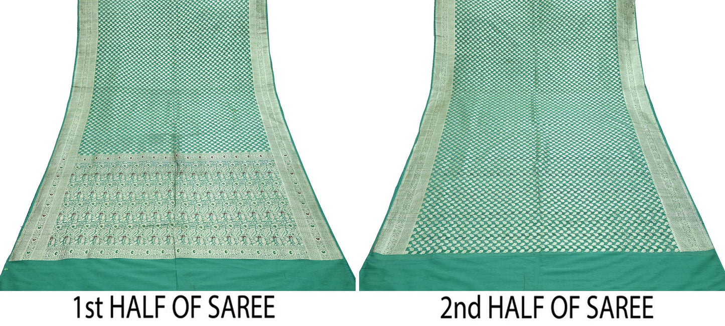Vintage Sari Green Heavy Pure Satin Silk Woven Banarasi Brocade Saree Zari 5Yd Dress making Bridal/wedding Sari Crafting Dress making