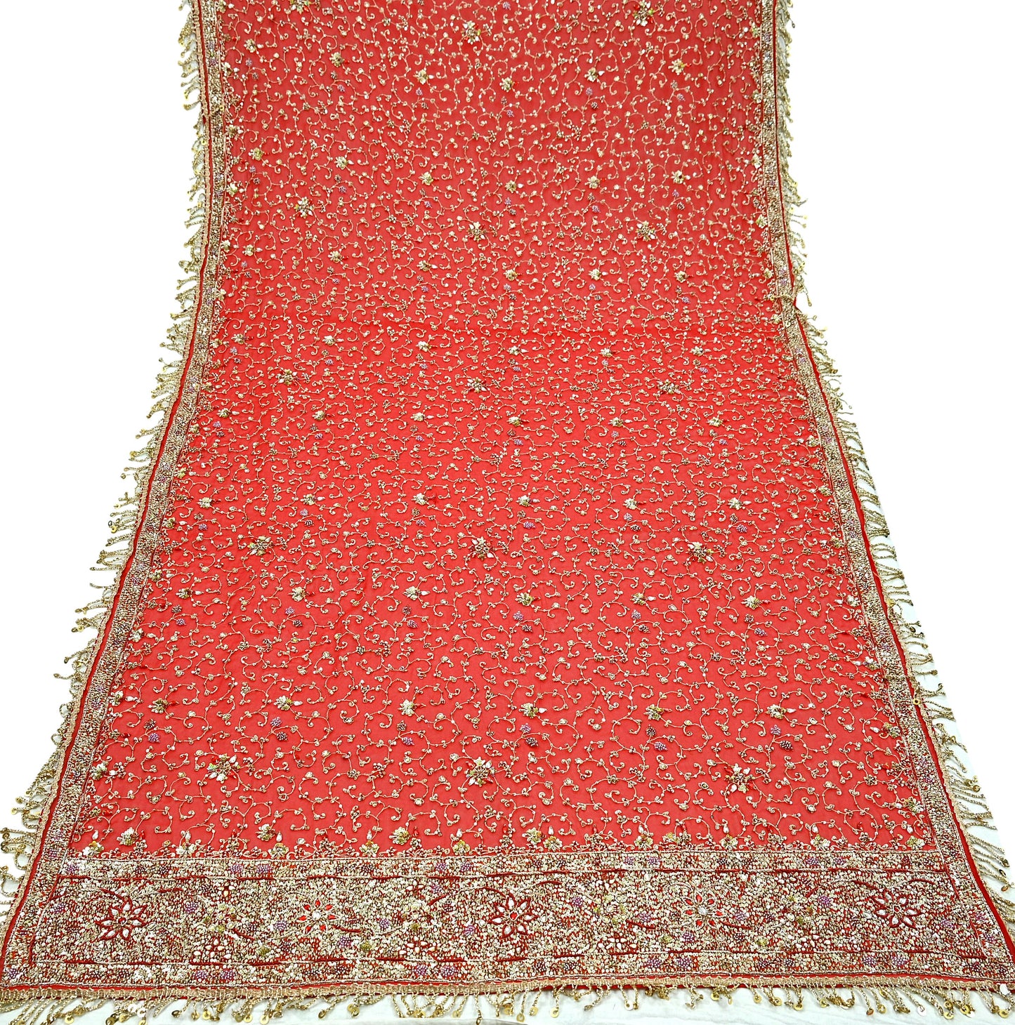 Indian Vintage Heavy Bridal Tomato Red Dupatta Pure Georgette Silk Long Stole Hand Embroidered Scarf Zardozi/Dabka Wedding red Hijab veil