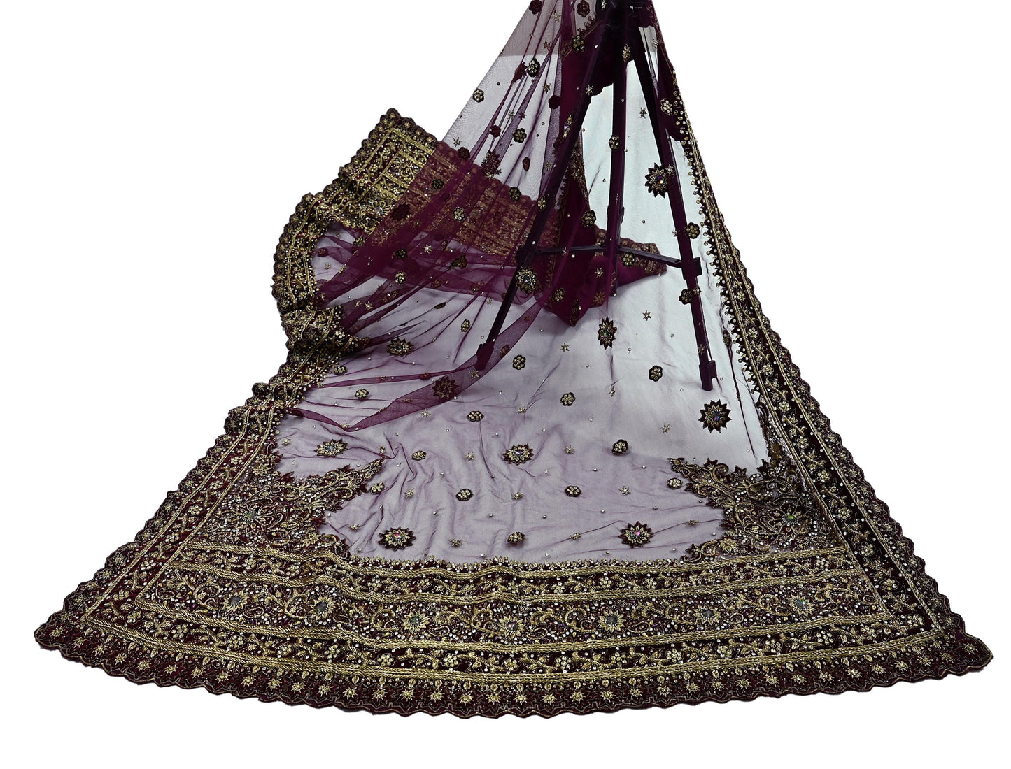 Indian Vintage Heavy Purple Dupatta Net Mesh Long Stole Hand Embroidered Scarves Golden Zardozi Dabka Zari Stole