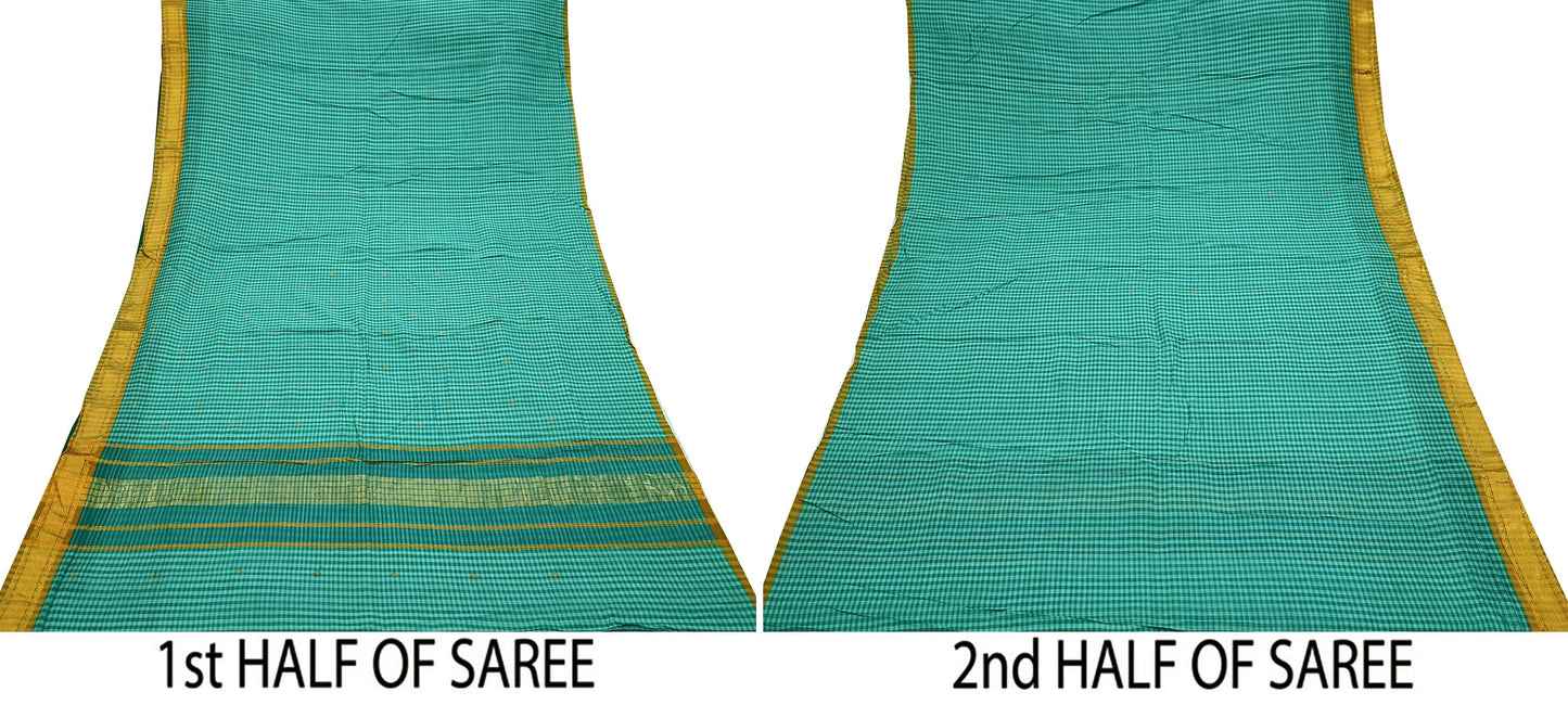 Vintage Sari Green Pure Cotton Hand Woven Sarees Craft Fabric Zari 5Yd Sewing Soft Crafting Dress making Upcycle Quilting Zigzag