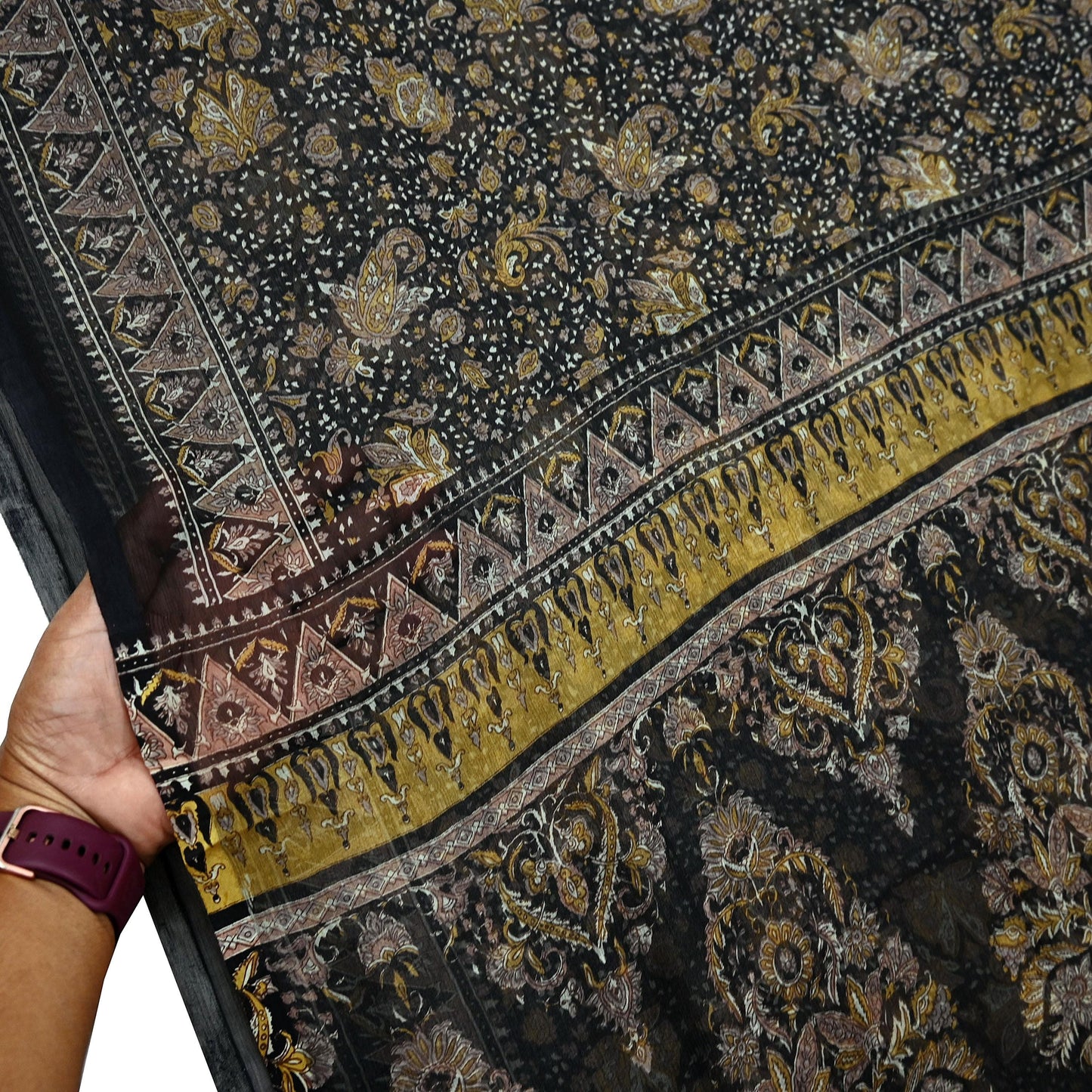 Indian Vintage Black Pure Chiffon Silk Saree | Printed Abstract Design | 5 Yards | Sheer Soft Fabric for Sewing, Dressmaking,