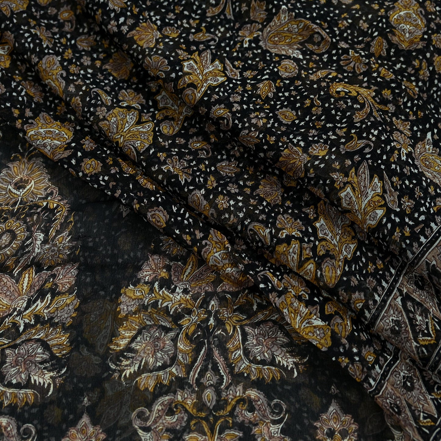 Indian Vintage Black Pure Chiffon Silk Saree | Printed Abstract Design | 5 Yards | Sheer Soft Fabric for Sewing, Dressmaking,