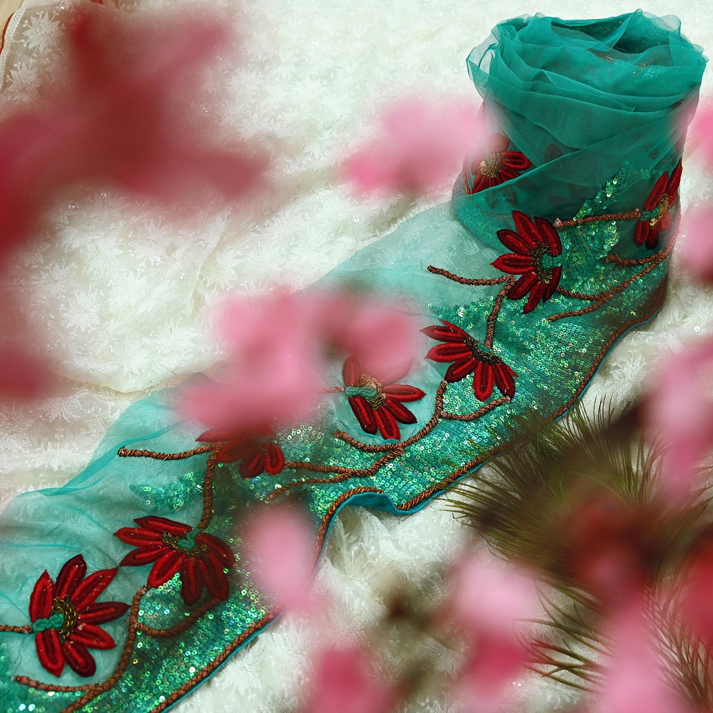 Indian Vintage Green Sari Border Hand Embroidered 1yd Craft Trim Lace Sewing Net/Mess Ribbon Recycled Sari Border Zardozi/ Dabka Zari