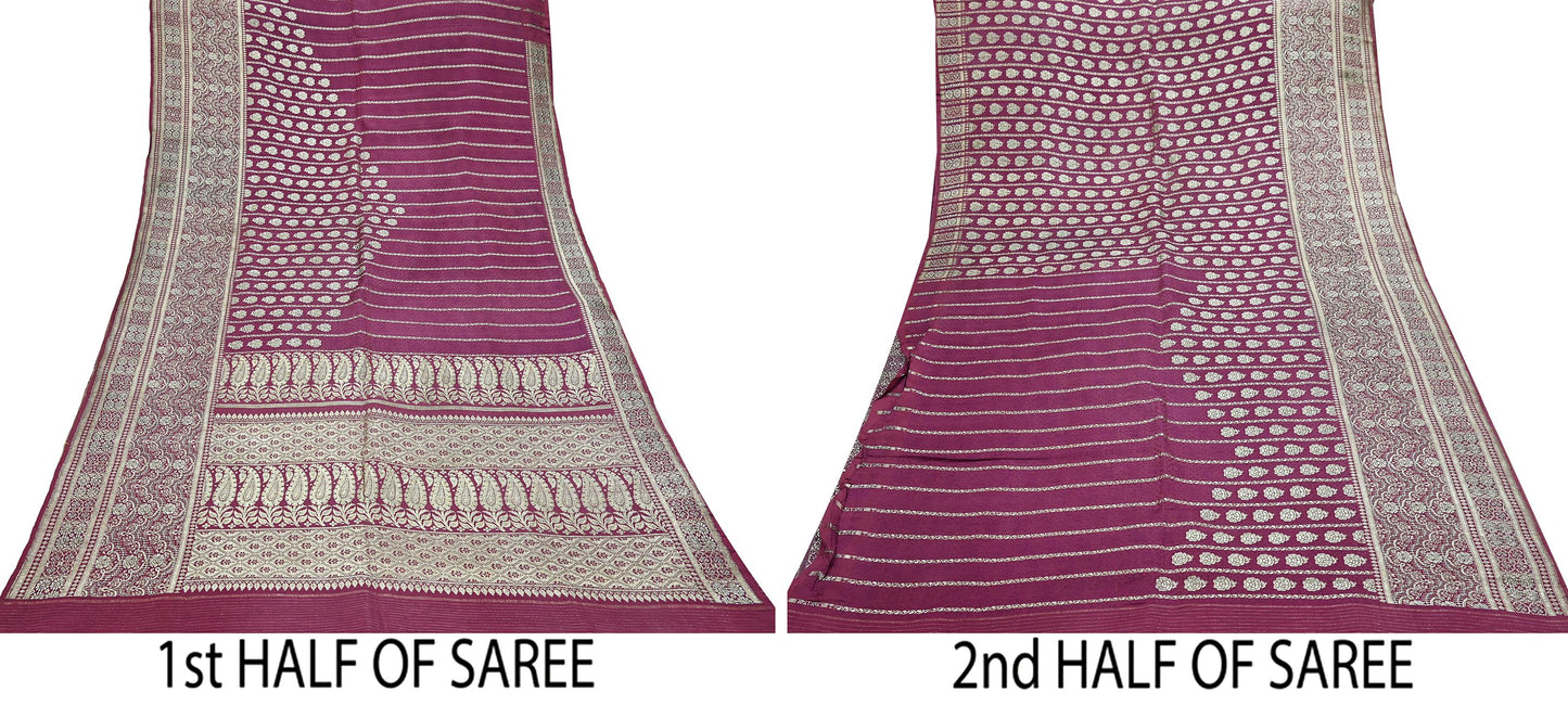 Indian Vintage Sari Heavy Wedding Pink Pure Satin Silk Woven Brocade Banarasi Sarees Silver Zari 5Yd Dress making Crafting Upcycle
