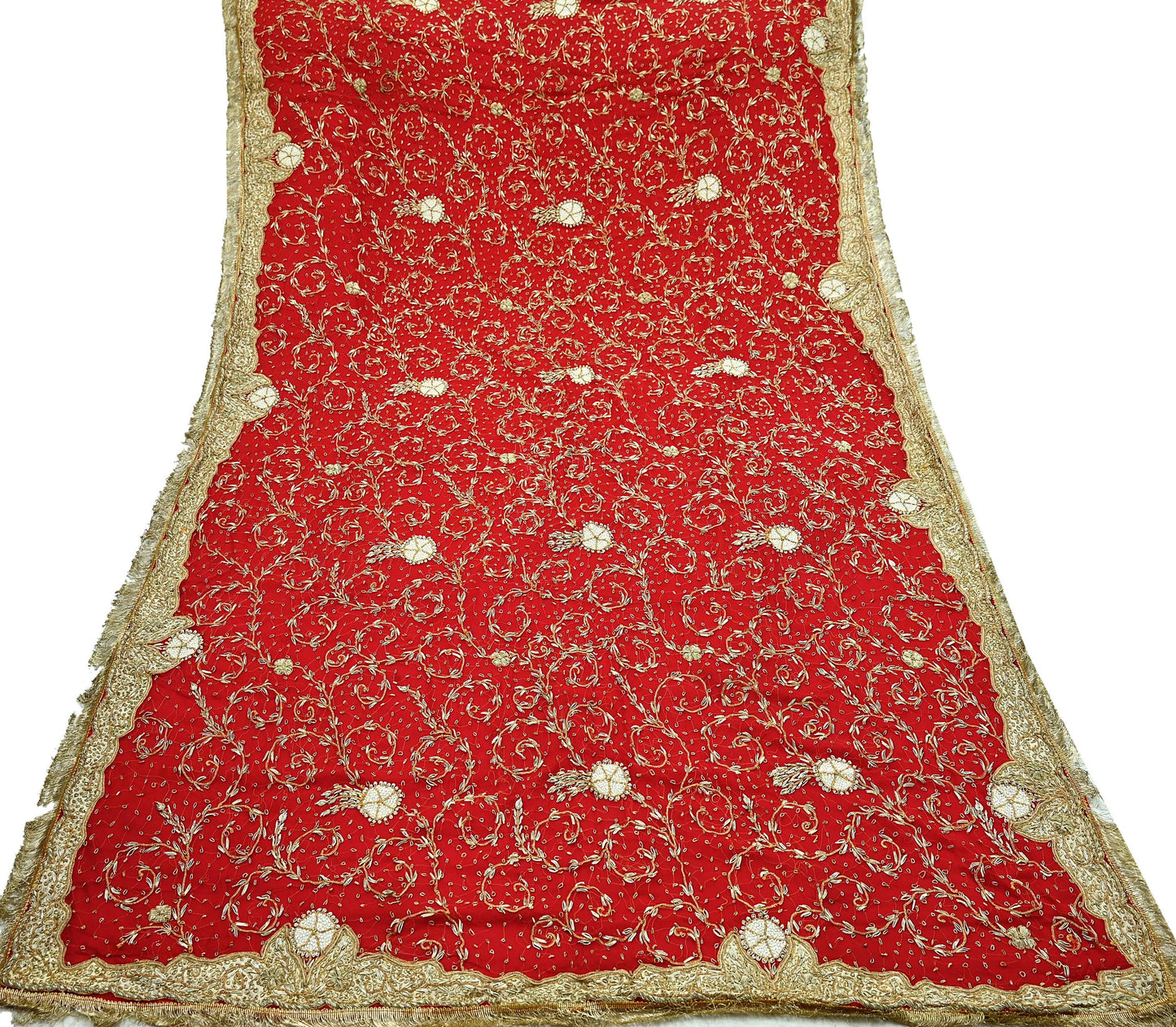 Indian Vintage Heavy Bridal Red Dupatta Pure Chiffon Silk Long Stole Hand Embroidered Scarf Zardozi/Dabka Zari Sequins Wedding Veil Hijab