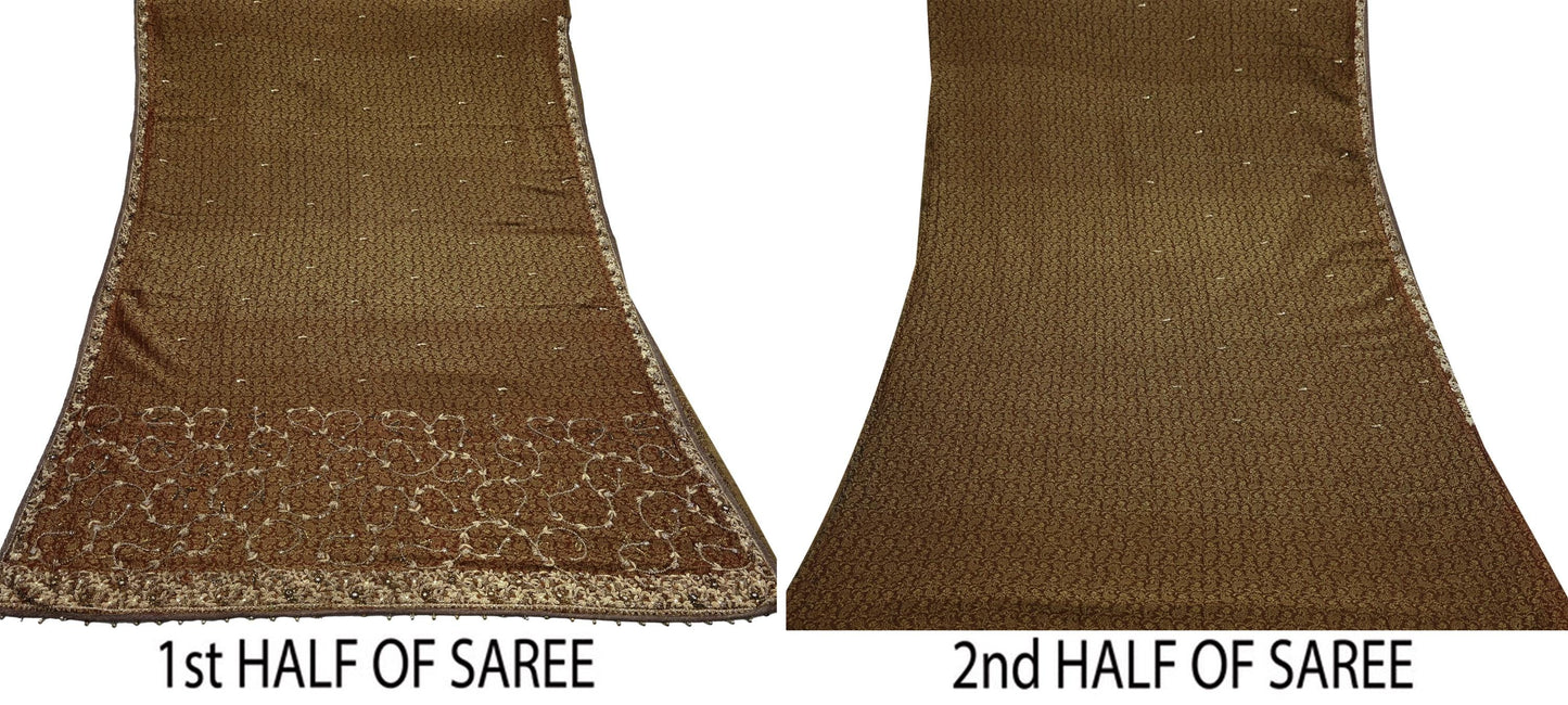 Indian Vintage Heavy Golden Brown Saree Blend Georgette Hand Embroidered Sari Craft Fabric 6Yd Sewing Soft Ethnic Zari Dress Making