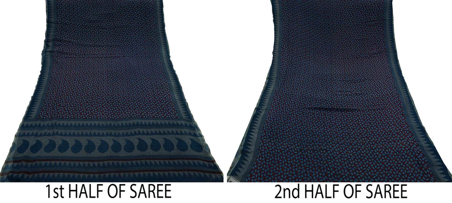 Indian Vintage Sari Maroon & Blue 100% Pure Georgette Silk Printed Sarees Sewing 5yd Craft Soft Dress Designing for Crafting Abstract