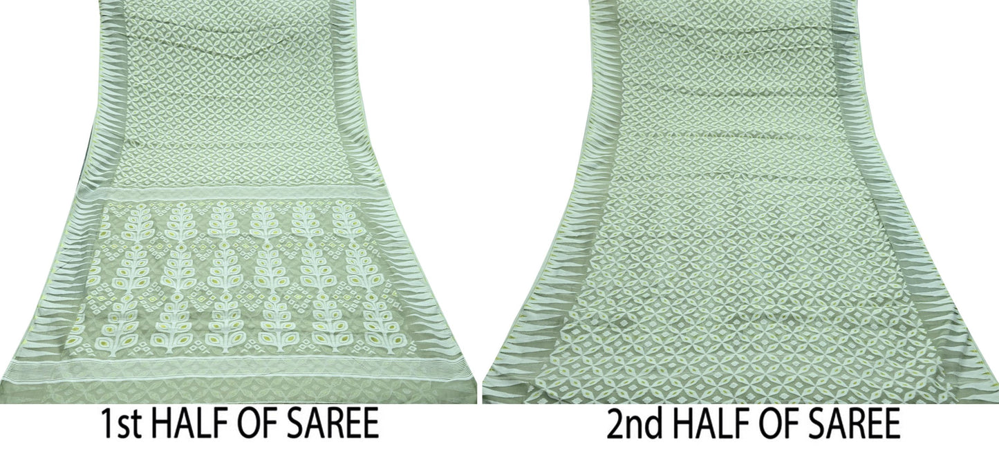 Indian Vintage Sarees Gray Cotton Hand Woven Jamdani Sari 5yd Ethnic Floral Craft Fabric Dress making Upcycle Crafting Quilting