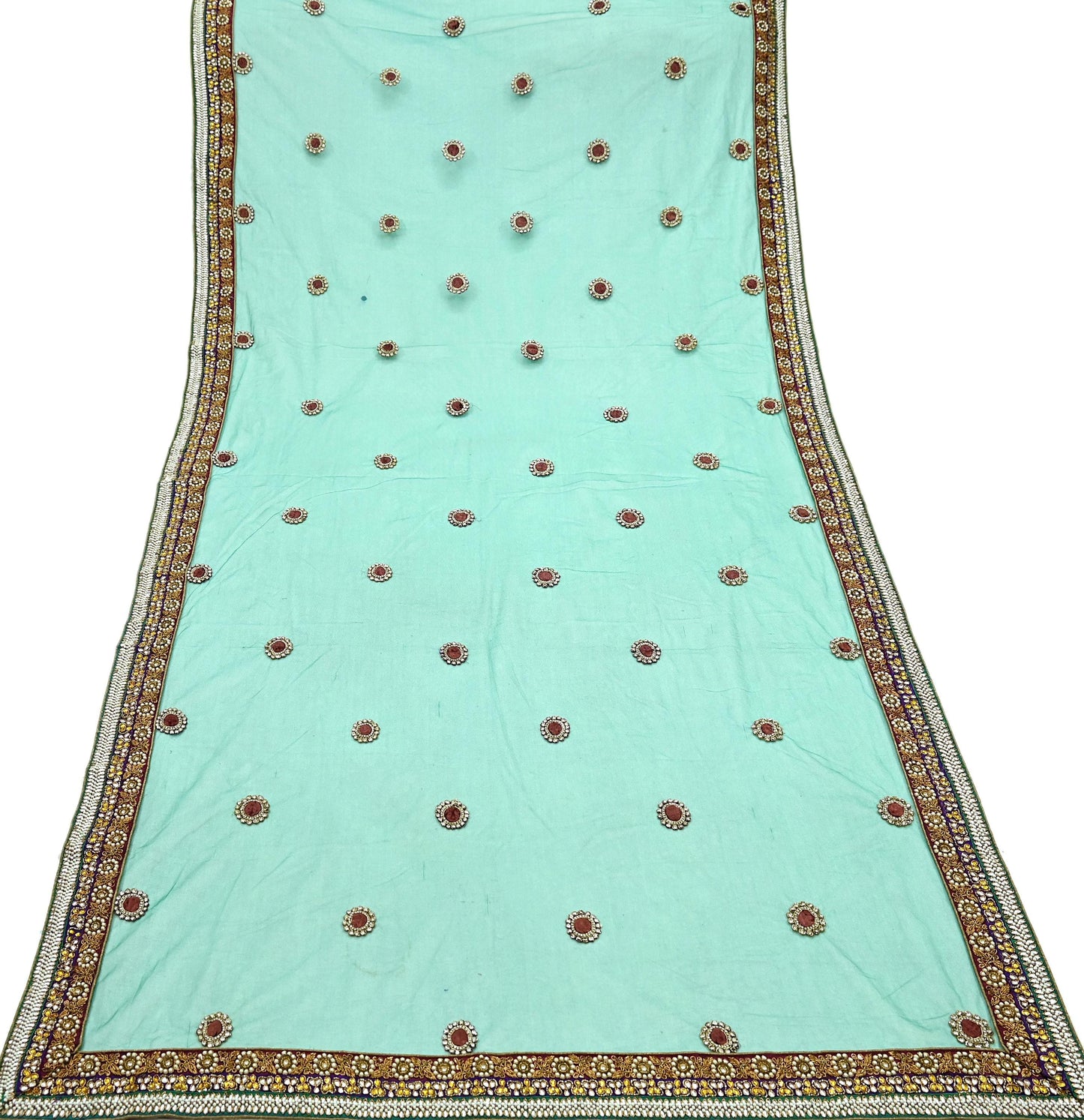 Indian Vintage Heavy Bridal Green Net Dupatta | Hand Embroidered Zardozi Zari Sequins Stole | Floral Design Hijab Veil | Wedding/Party Wear