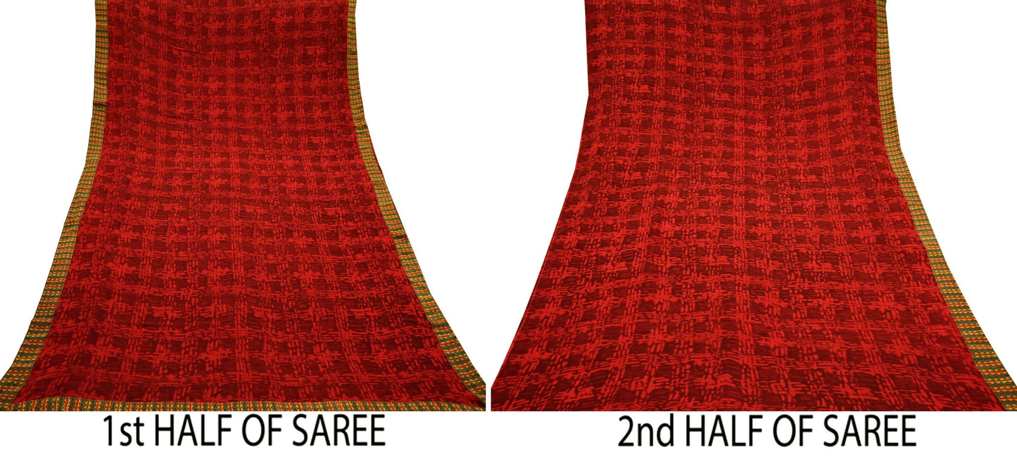 Indian Vintage Maroon & Red Pure Georgette Silk Sari | 6 Yards Abstract Printed Fabric | Boho Wrap, Craft, Quilting, Dressmaking, Upcycle