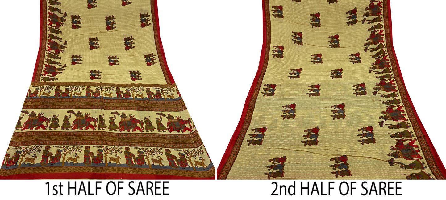 Indian Vintage Sari Beige Printed Pure Cotton Sarees Fabric 5Yd Sarong Wrap Boho Fabric Kimono Soft Dress making Crafting Quilting