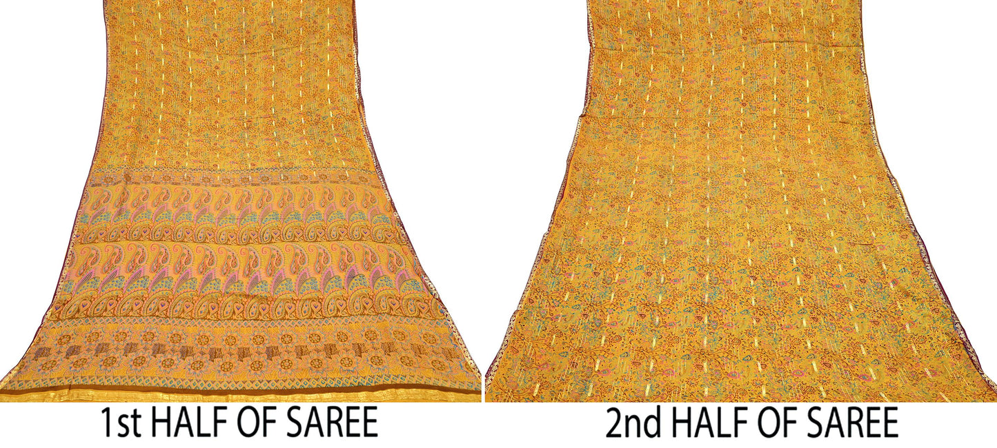 Indian Vintage Sari Saffron 100% Pure Silk Printed Saree 5yd Sewing Craft Fabric Dress Making Soft Wrap Floral Paisley Crafting Quilting