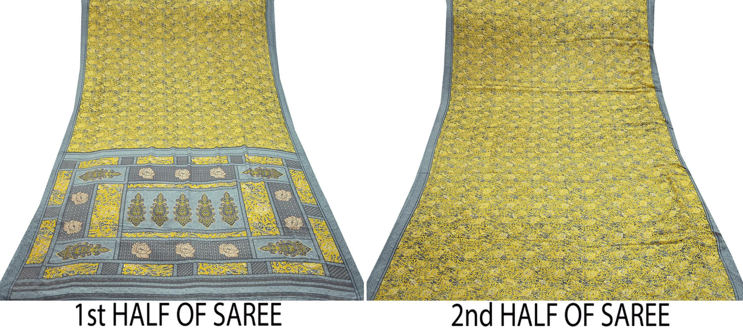Indian Vintage Sari Yellow & Gray Moss Crepe Printed Sarees 6yd Craft Fabric Sewing Floral Soft Dress making Quilting Crafting Upcycle Used