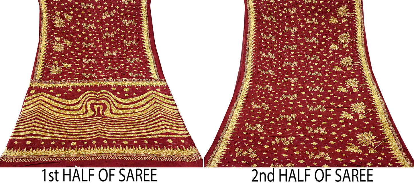 Indian Vintage Maroon Pure Cotton Printed Saree | Paisley & Floral Design | 5 Yards | Lightweight Craft Fabric for Sewing, Upcycling Soft