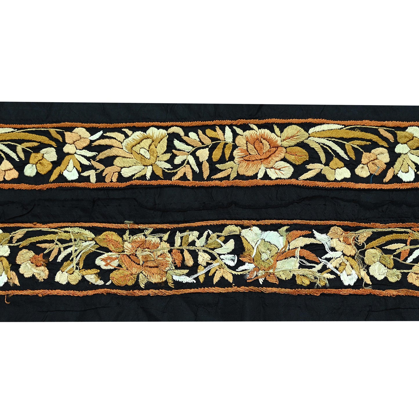 Indian Antique Vintage Real Parsi Gara Border Black Hand Embroidered Craft Trim Lace Sewing Sarees Ribbon Recycled 1yard Pure Silk
