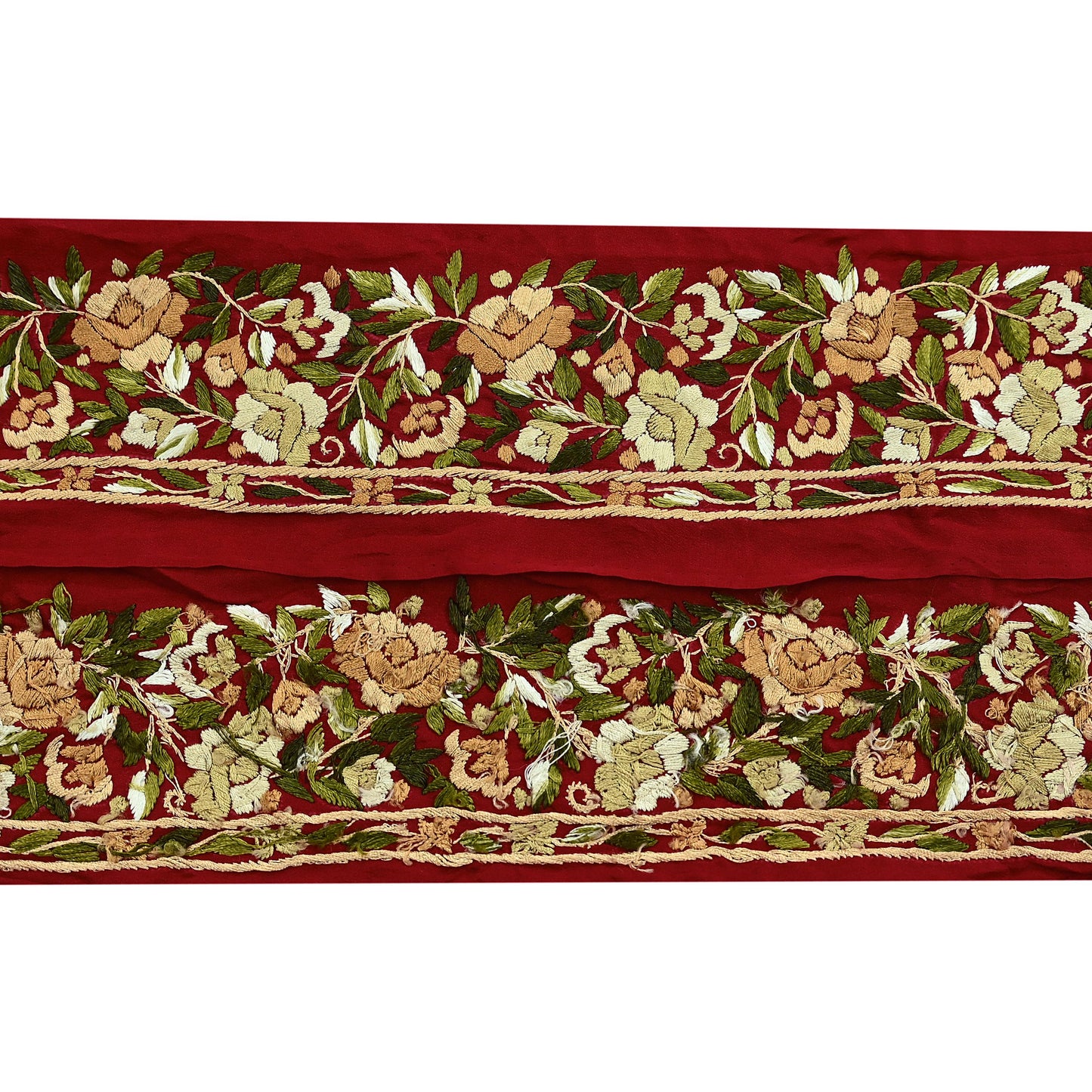 Indian Antique Vintage Real Parsi Gara Border Red Hand Embroidered Craft Trim Lace Sewing Sarees Ribbon Recycled 1yard Pure Crepe Silk