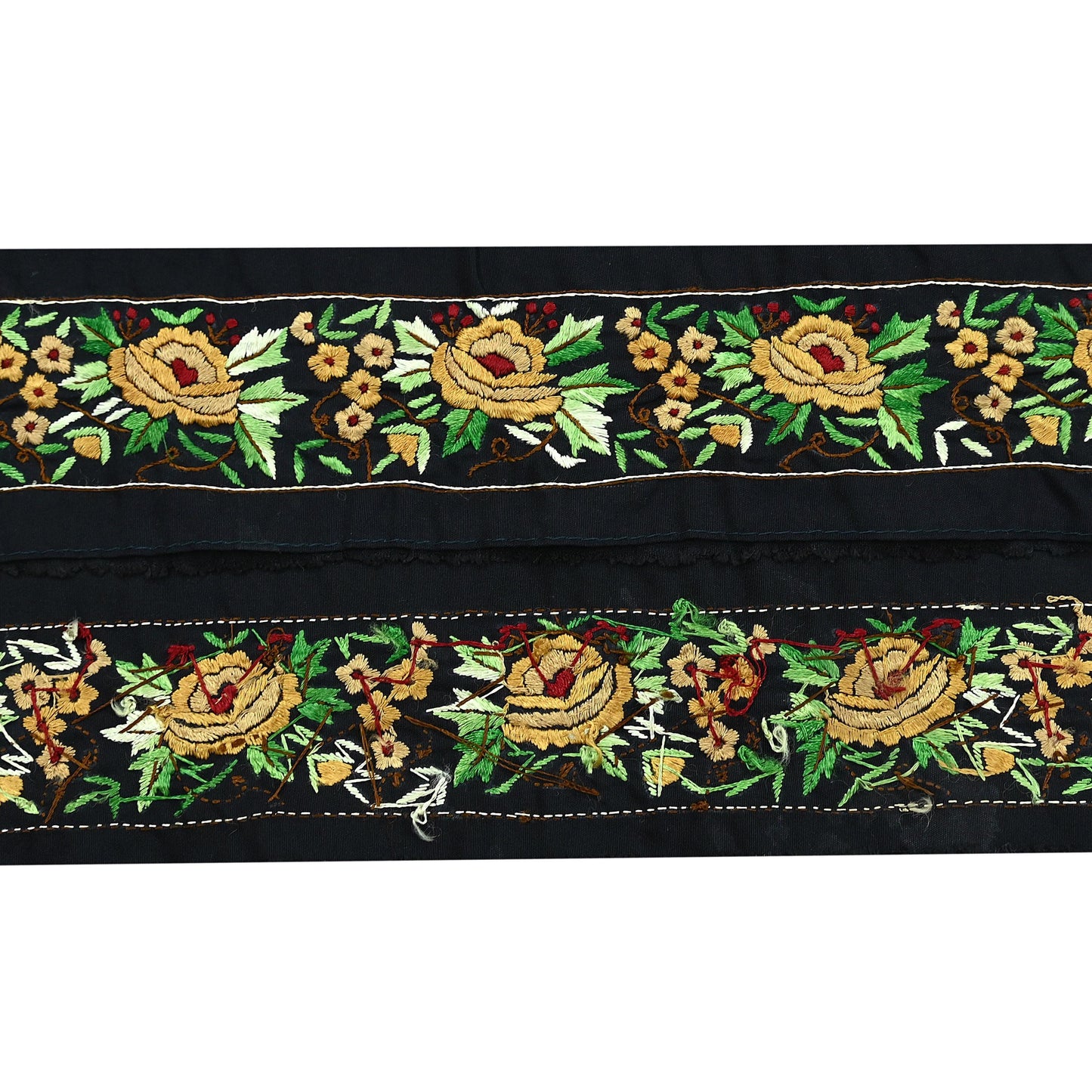 Indian Antique Vintage Real Parsi Gara Border Black Hand Embroidered Craft Trim Lace Sewing Sarees Ribbon Recycled 1yard Crepe