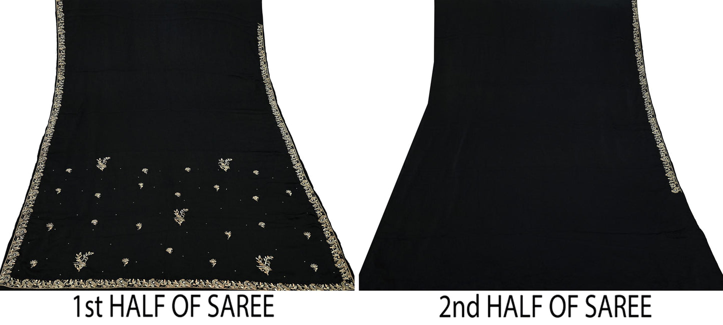 Indian Vintage Heavy Black Sarees 100% Pure Satin Silk Hand Embroidered Sari Craft Fabric 6Yd Sewing Soft Zardozi/Dabka