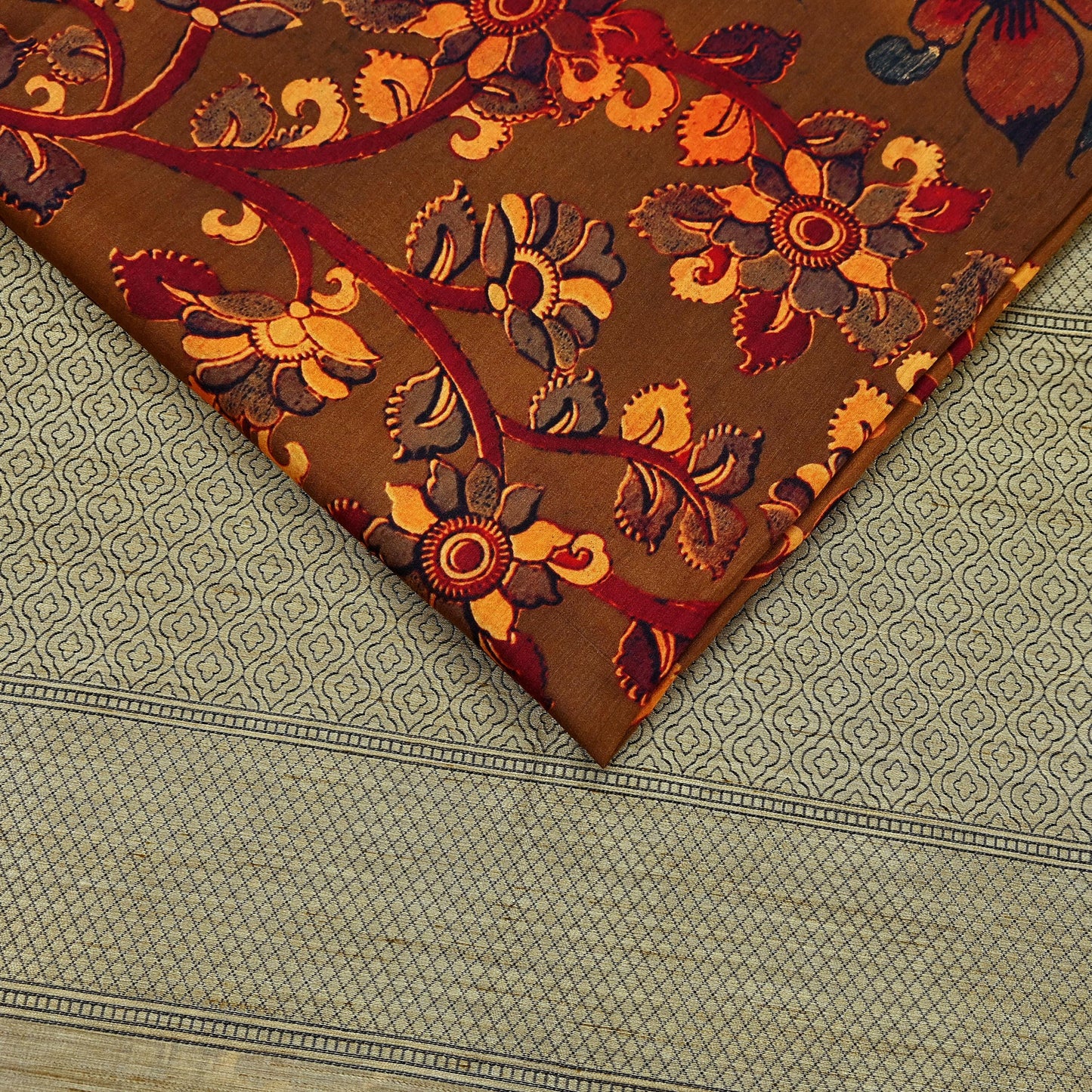 Indian Vintage Brown Saree Blend Silk Kalamkari Sari Craft Fabric 5yd Ethnic Wear Floral Crafting Quilting Peacock Design
