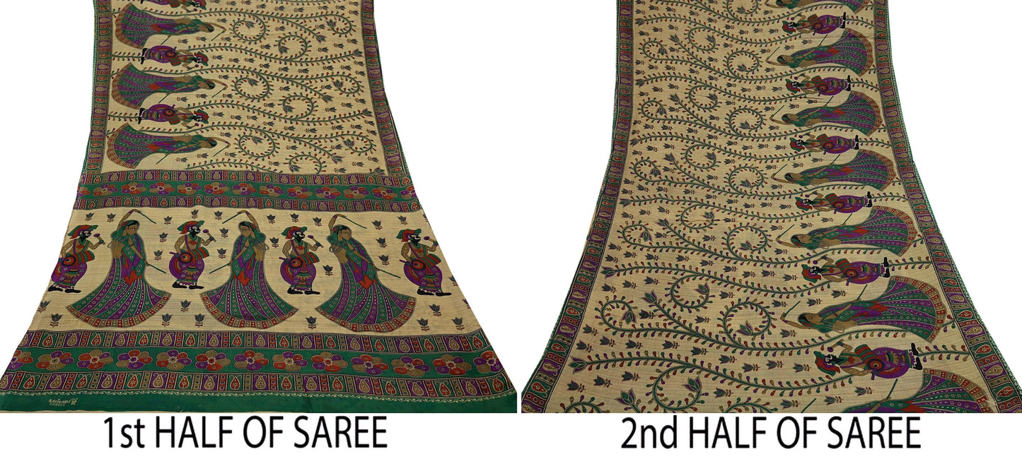 Indian Vintage Sari Green & Beige Printed Pure Cotton Sarees 5Yd Craft Fabric Soft Sewing Sarong Wrap Boho Upcycle quilting Dress making