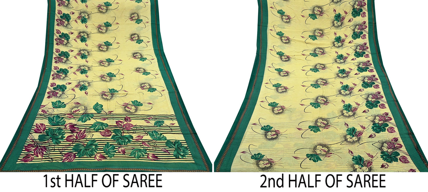 Indian Vintage Sari Yellow & Green Pure Cotton Printed Sarees Craft Fabric Soft 5Yd Sarong Wrap Boho Fabric Kimono Quilting Crafting Upcycle